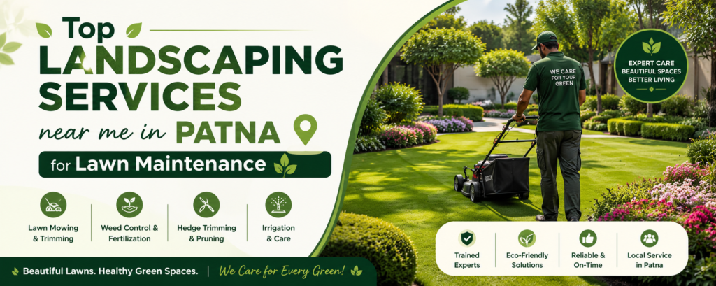 Professional landscaping team providing lawn maintenance services in Patna with a lush green garden, lawn mowing, hedge trimming, weed control, and irrigation care.