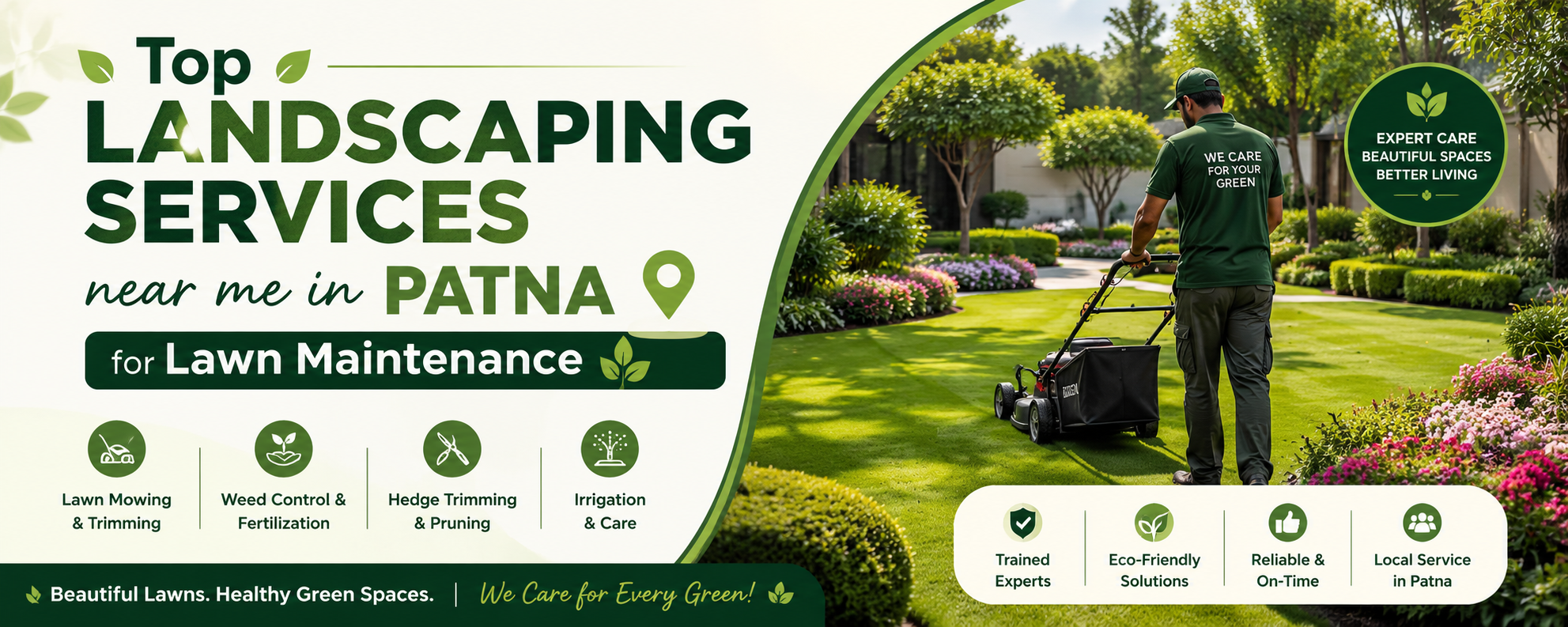 Professional landscaping team providing lawn maintenance services in Patna with a lush green garden, lawn mowing, hedge trimming, weed control, and irrigation care.