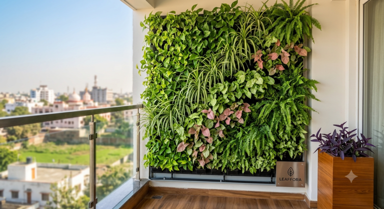 Home 13 Lush vertical garden on a modern Patna balcony designed by Leaffora using climate-hardy plants like Money Plant, Spider Plant, Syngonium, and Ferns.